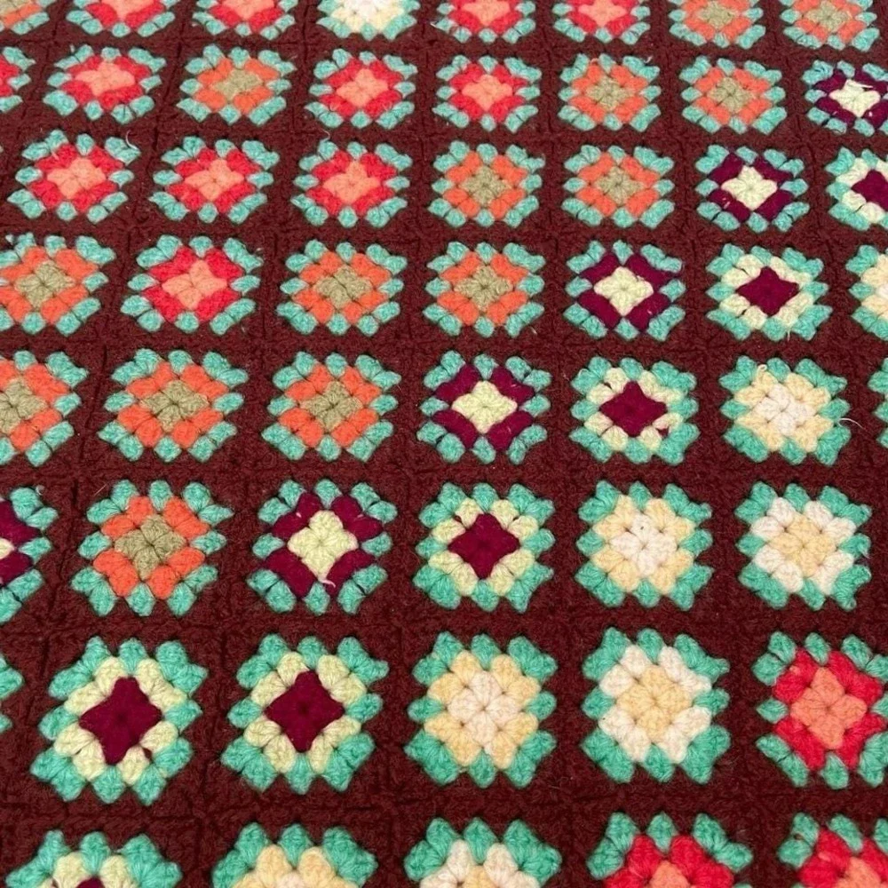 Vintage Crochet Granny‎ Square Throw Blanket 48x55 Handmade Boho Decor